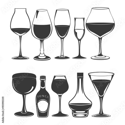 Set of Different Wine Glasses and Bottles