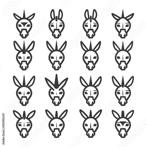 Set of Donkey Faces with Variations in Ears and Horns