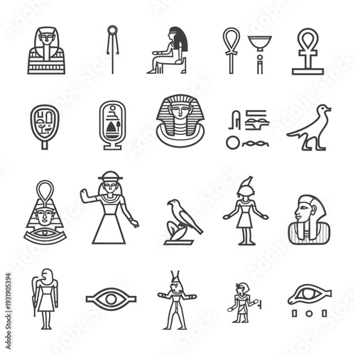 Set of Egyptian Mythology Symbols and Figures in Line Style