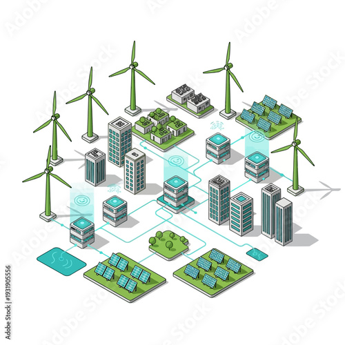 Smart City Energy Grid with Renewable Sources and Buildings.