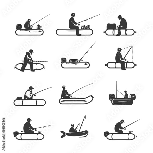 Set of Fishing Icons with People in Inflatable Boats