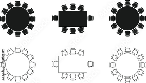 Conference table layout set, round and rectangular meeting room seating plan top view vector illustration isolated