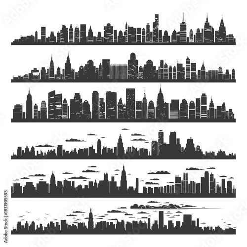 Set of Five City Skylines with Buildings and Clouds