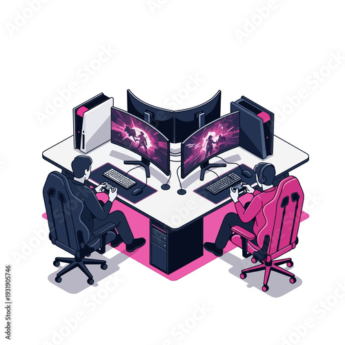 Two Gamers Playing Video Games on Computers.