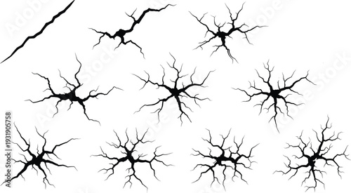 Cracked ground texture set, abstract crack holes and broken surface vector illustration isolated on white background