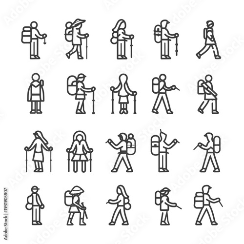 Set of Hiking People Line Icons