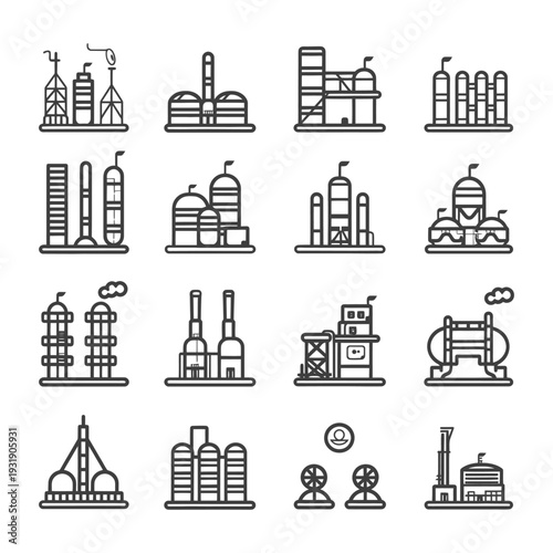 Set of Industrial and Refinery Plant Icon Line Style