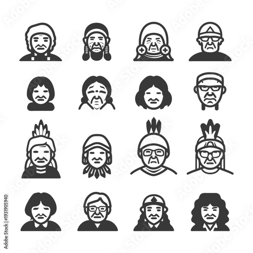 Set of Indigenous People Facial Icons