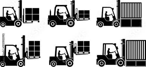 Black silhouette collection of industrial forklifts with operators lifting cardboard boxes on pallets and large shipping containers isolated on white background for warehouse logistics