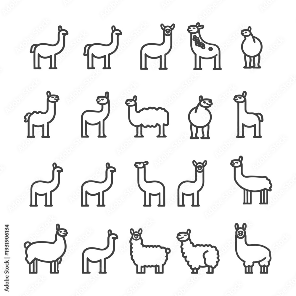 Obraz premium Set of Line Art Llama Icons in Various Poses