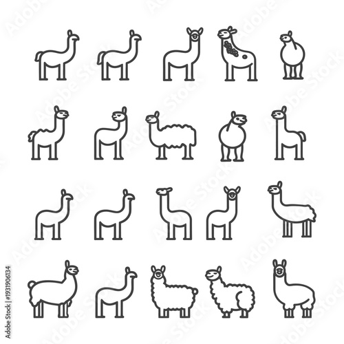 Set of Line Art Llama Icons in Various Poses