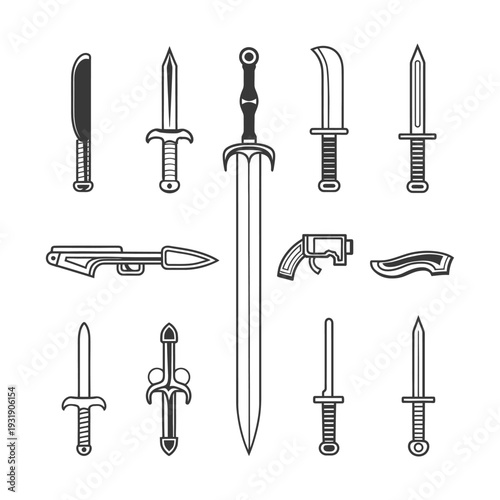 Set of Line Art Weapon Icons Including Swords, Knives, and Guns