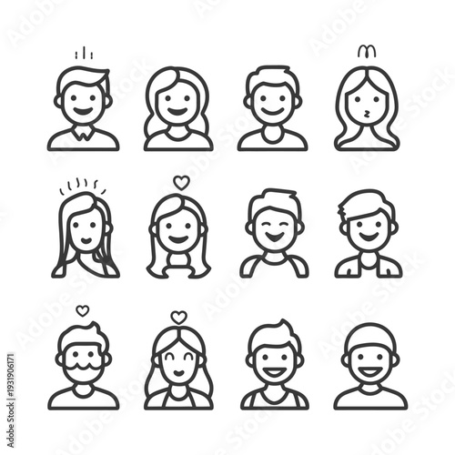 Set of Line Icons Depicting Diverse People with Different Expressions