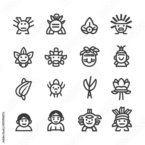 Set of Line Icons Depicting Indigenous Peoples and Their Culture