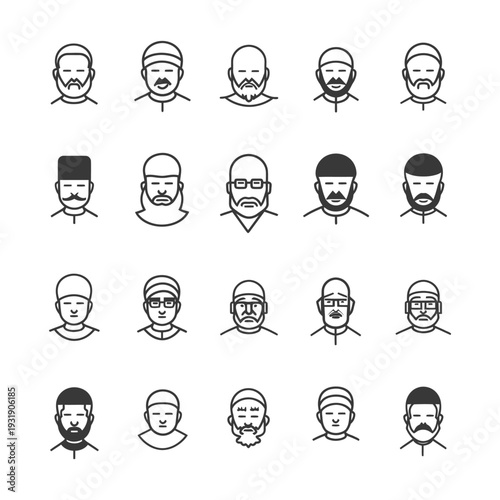 Set of Line Icons Depicting Muslim Men with Various Facial Features and Headwear