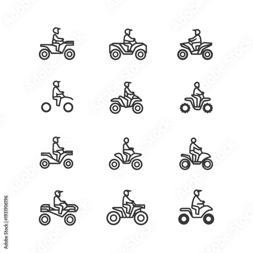 Set of line icons depicting people riding ATVs