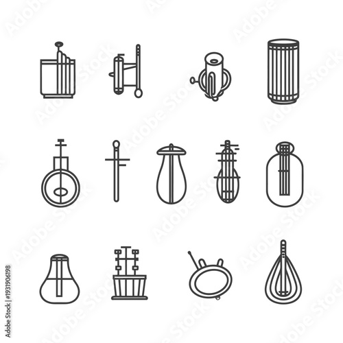 Set of Line Icons Depicting Traditional Musical Instruments