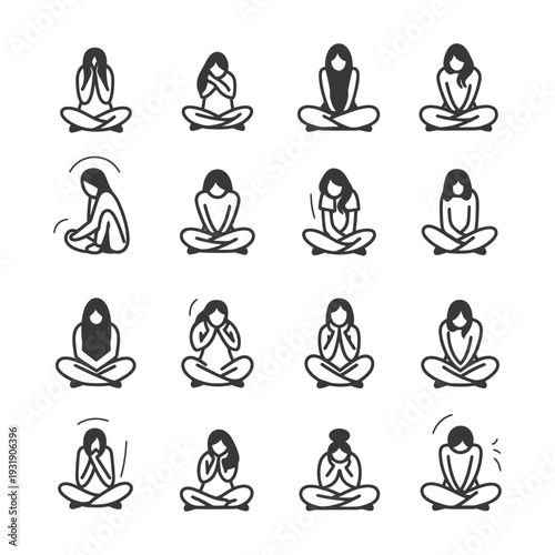 Set of Line Icons Depicting Women Sitting in Yoga Pose with Various Hand Gestures