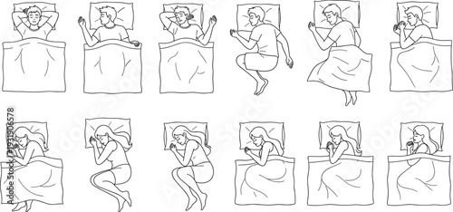 Sleeping positions set, man and woman different sleep poses in bed top view vector illustration isolated