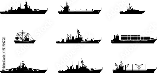 Black silhouette collection of maritime naval ships including military warships destroyers cargo container vessels and commercial fishing boats isolated on white background for marine design