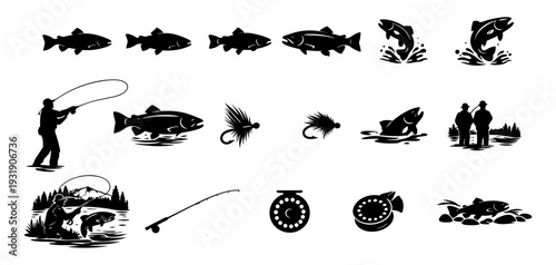 Trout Fishing Silhouettes Set – Trout Species, Fly Fishing Angler and Tackle Icons