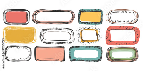 Collection of hand drawn sketchy colorful frames and decorative borders in a doodle art style isolated on white vector illustration
