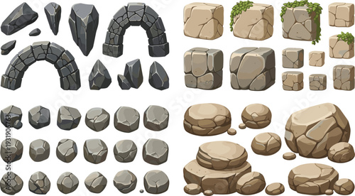 Cartoon Stone and Rock Vector Set with Game Asset Blocks, Arches, Boulders and Natural Terrain Elements Collection