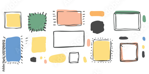 Hand-drawn doodle frames and colorful geometric shapes collection in a sketchy minimalist style for creative vector design projects