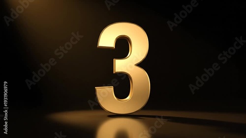 Golden Number Three Standing Alone in Spotlight High-Definition VIDEO