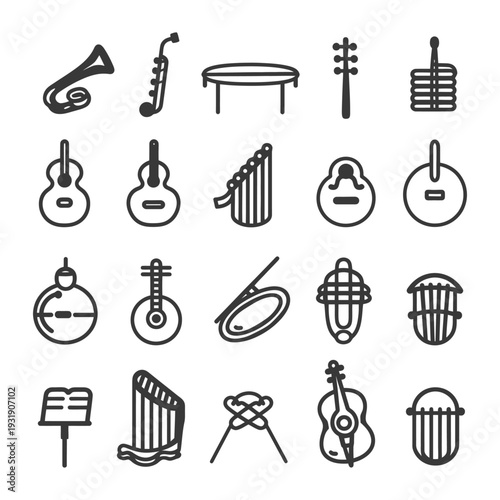 Set of Musical Instruments and Sports Equipment Icons