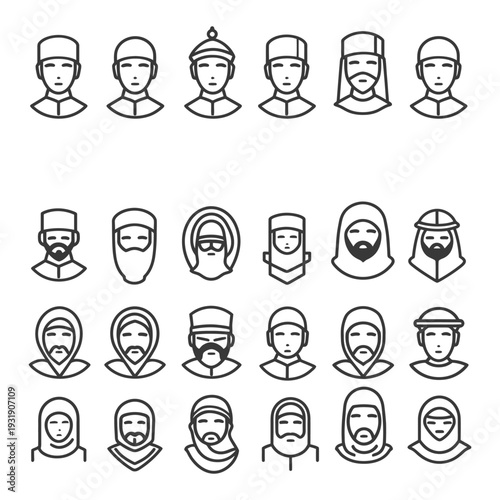 Set of Muslim Men and Women Head Icons in Outline Style