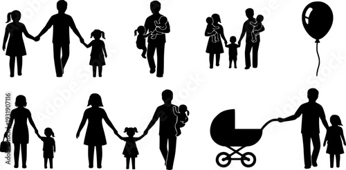 Family and parenting silhouette set, adults with children, stroller and balloon icons, black vector illustrations, social interaction and care symbols
