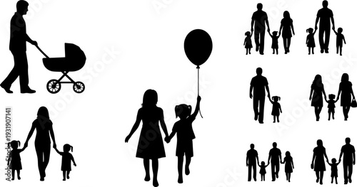 Family and parenting silhouette set, adults with children, stroller and balloon icons, black vector illustrations, social interaction and care symbols
