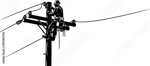 Utility worker climbing power pole in forest, electrical maintenance silhouette, rural energy infrastructure, lineman safety gear, black and white vector illustration 