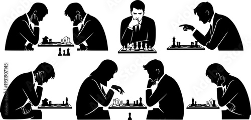 Vector illustration of people playing chess in different sitting poses, strategy game concept, competition, concentration, isolated black silhouette design for intelligence themes 