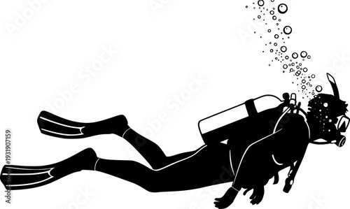 Silhouette of scuba diver swimming underwater with fins and oxygen tank, snorkeling gear, underwater exploration, deep sea diving adventure, isolated black figure on white background 