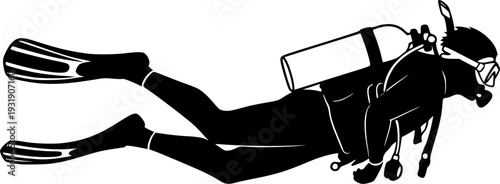 Silhouette of scuba diver swimming underwater with fins and oxygen tank, snorkeling gear, underwater exploration, deep sea diving adventure, isolated black figure on white background 