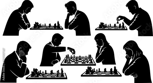 Vector illustration of people playing chess in different sitting poses, strategy game concept, competition, concentration, isolated black silhouette design for intelligence themes 
