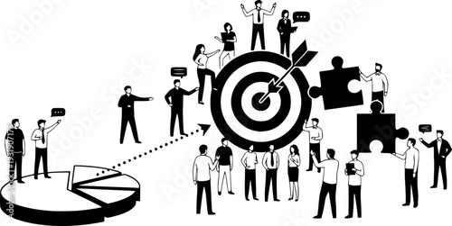 Target audience icon with group of people, business marketing strategy, customer focus concept, team communication, goal achievement, corporate segmentation, precision success illustration