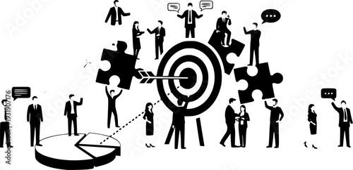 Target audience icon with group of people, business marketing strategy, customer focus concept, team communication, goal achievement, corporate segmentation, precision success illustration 