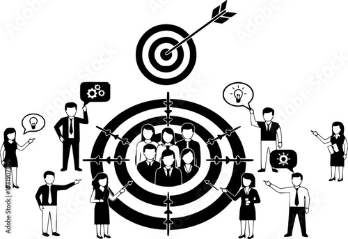 Target audience icon with group of people, business marketing strategy, customer focus concept, team communication, goal achievement, corporate segmentation, precision success illustration