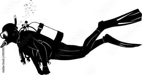 Silhouette of scuba diver swimming underwater with fins and oxygen tank, snorkeling gear, underwater exploration, deep sea diving adventure, isolated black figure on white background 