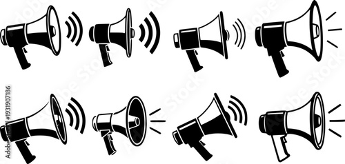 Megaphone loudspeaker icon set illustration, announcement symbol, communication tool, marketing promotion vector, sound amplifier design, public speech and advertising notification element 