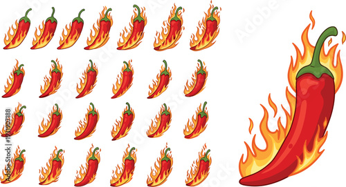 Hot Chili Pepper with Flames Vector Set Spicy Red Pepper Fire Cartoon Icon Collection