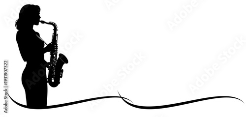 Silhouette of a woman playing the saxophone on white background