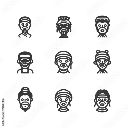 Set of Nine African Traditional Masks in Black and White