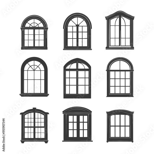 Set of nine arched and rectangular window silhouettes