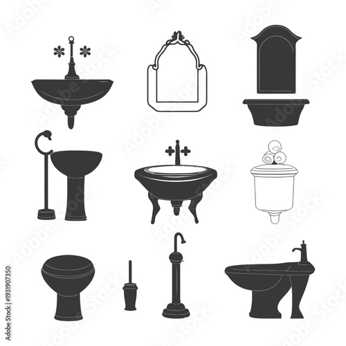 Set of nine bathroom fixtures in black silhouette