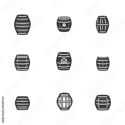 Set of nine black and white barrel icons