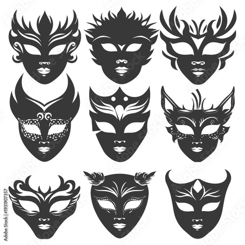 Set of Nine Black and White Carnival Masks